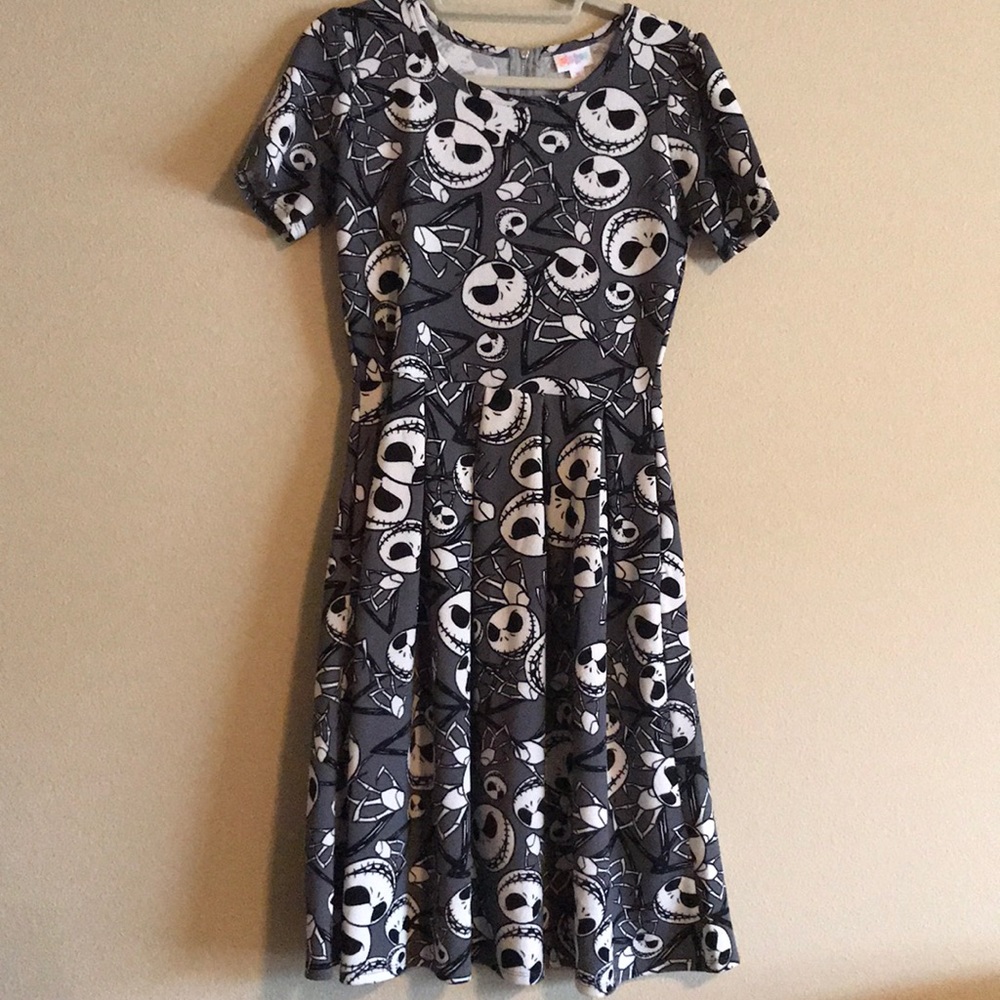 LuLaRoe Grey and White Skater Dress with Jack Skellington Print